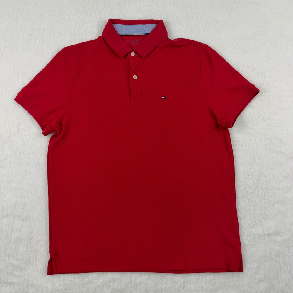 Tommy Hilfiger Mens Regular Fit Polo Shirt Red Short Sleeve Pique Logo Size M